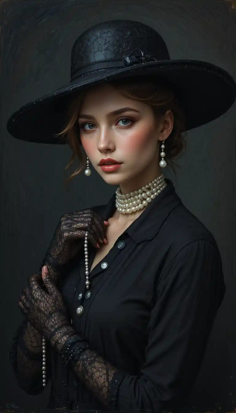 Elegant woman in black hat with pearls against dark backdrop