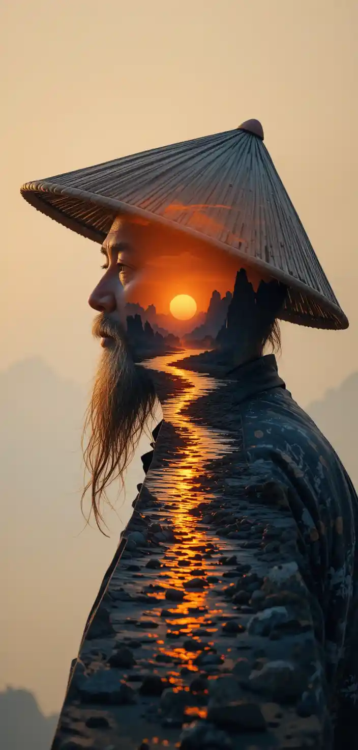 漁夫剪影與吉他河流夕陽的雙重曝光
