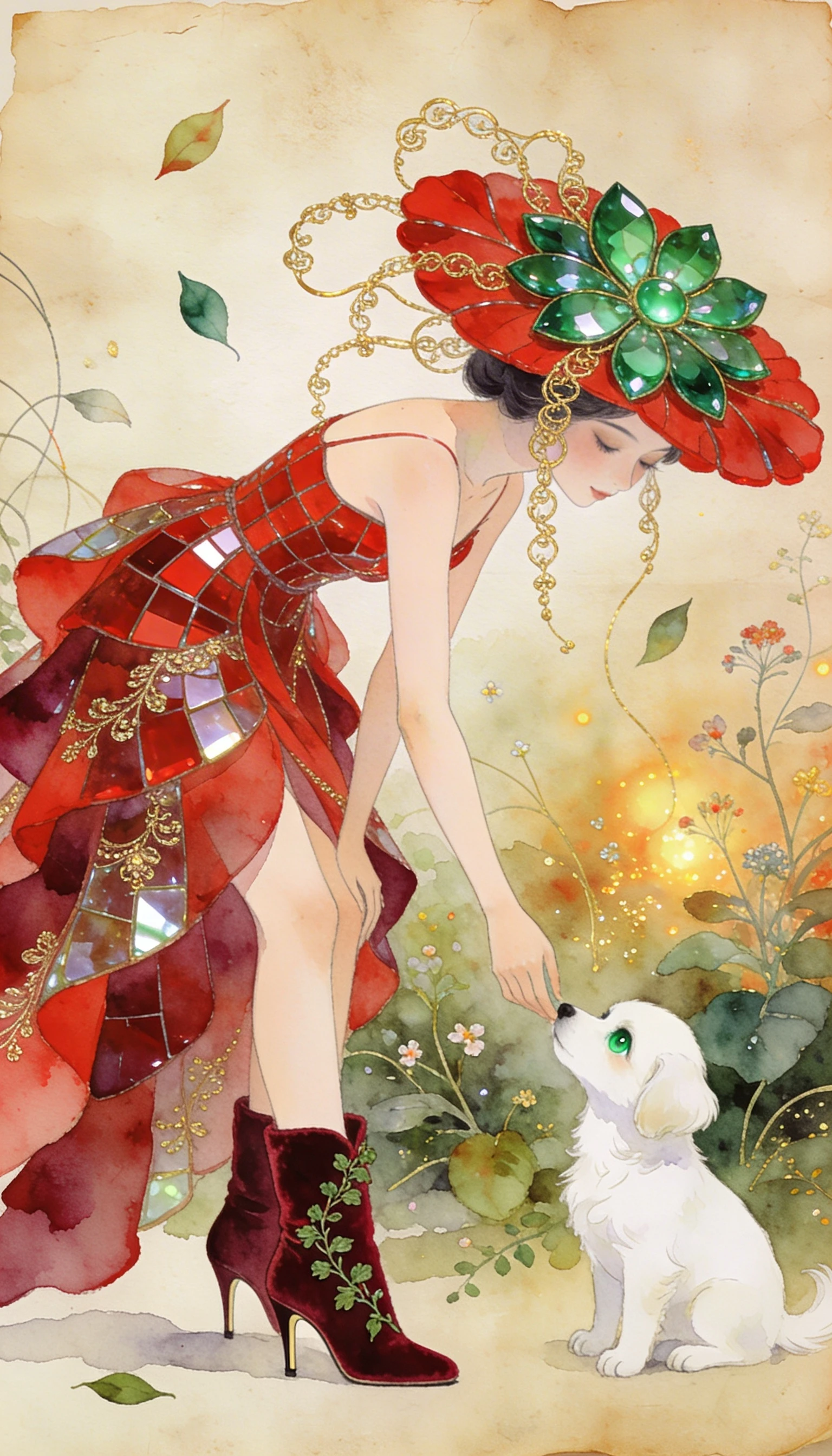 Mujer elegante con alta costura roja y cachorro en jardín botánico