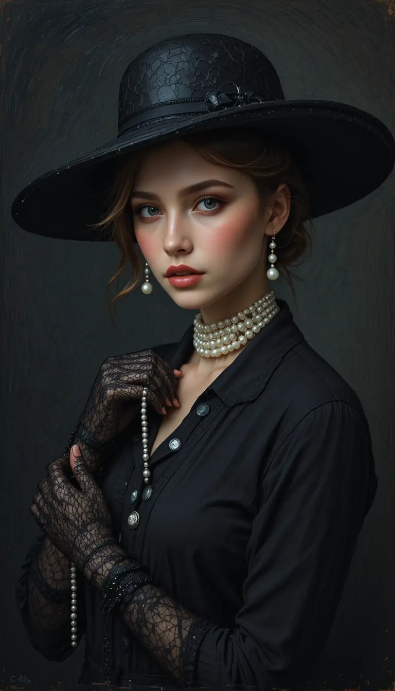 Elegant woman in black hat with pearls against dark backdrop