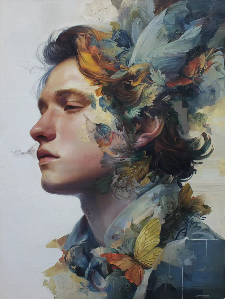 Portrait surréaliste mêlant réalité et monde intérieur onirique
