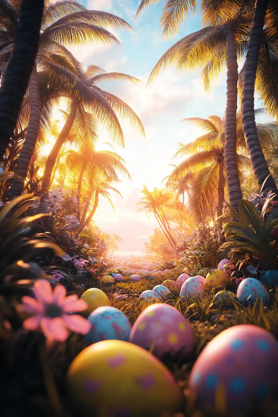 Caldo paradiso tropicale con colorate uova di Pasqua nascoste