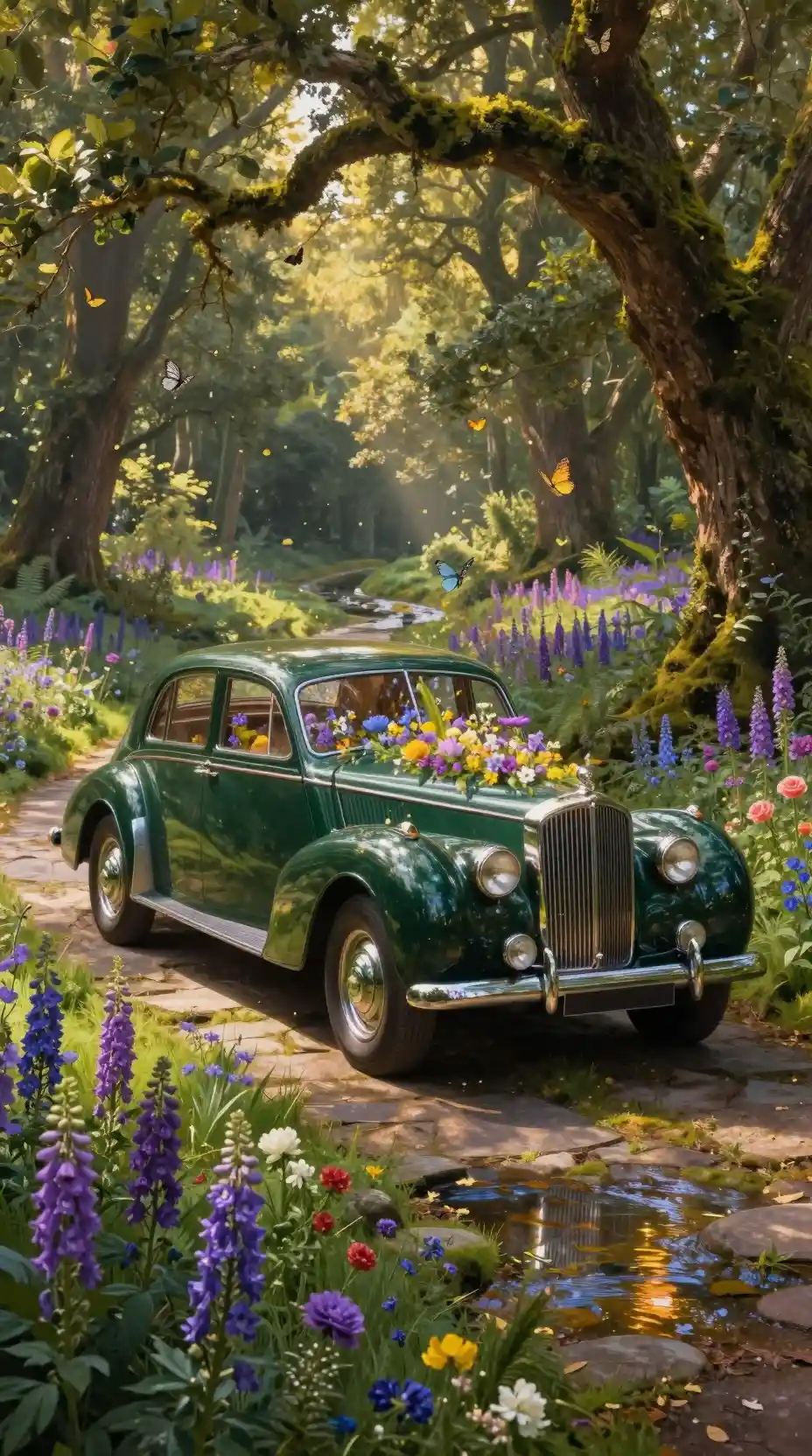 Vintage emerald sedan covered in wildflowers in forest