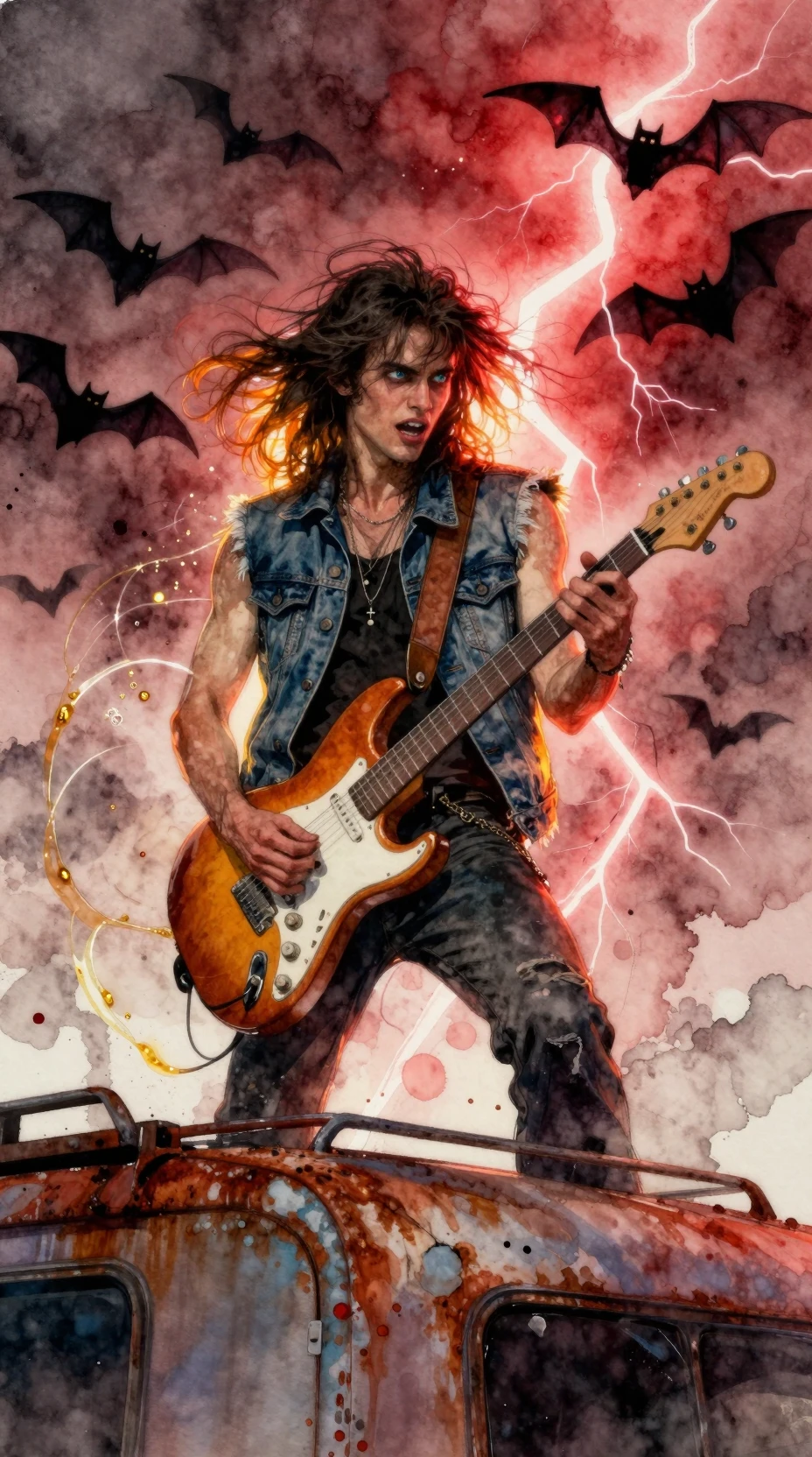 Retrato en acuarela de un guitarrista de cabello salvaje sobre un remolque