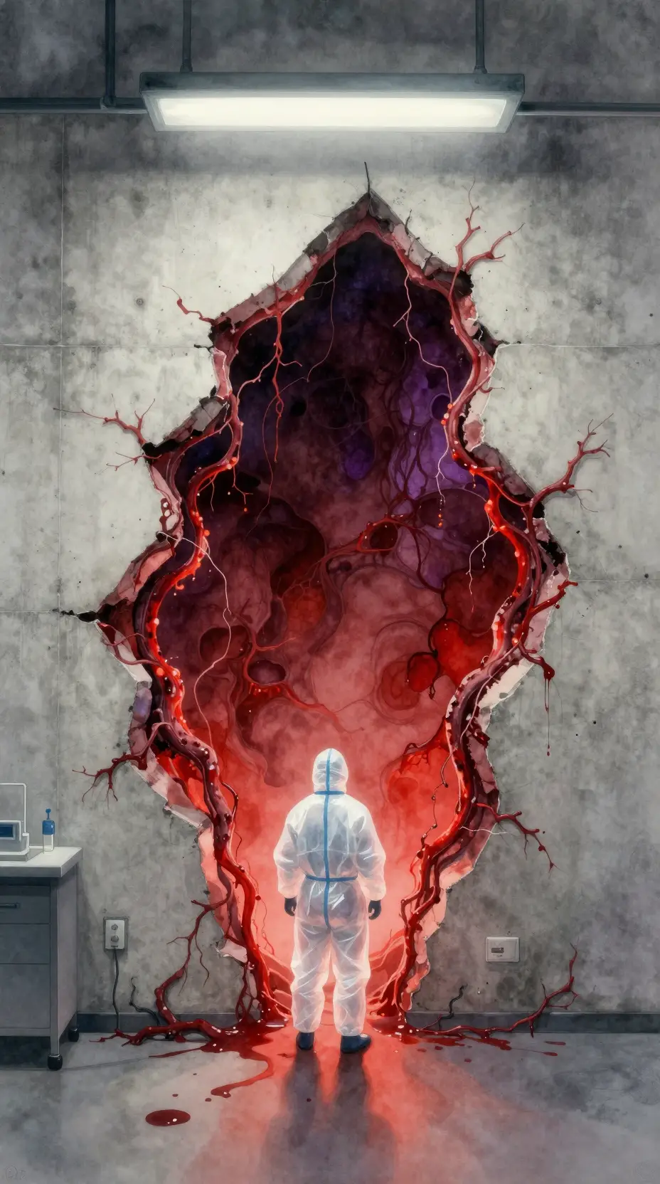 Watercolor scientist facing a glowing wound in concrete wall