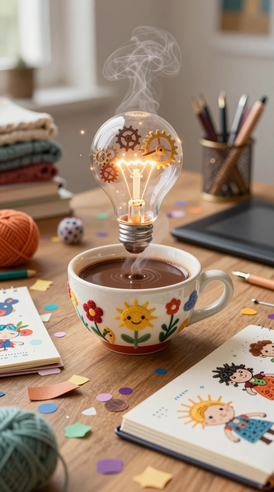 Chocolate quente lúdico em um estúdio criativo de artista