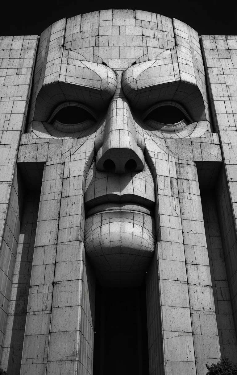 Monumentale brutalistische Betonfassade in Form eines menschlichen Gesichts