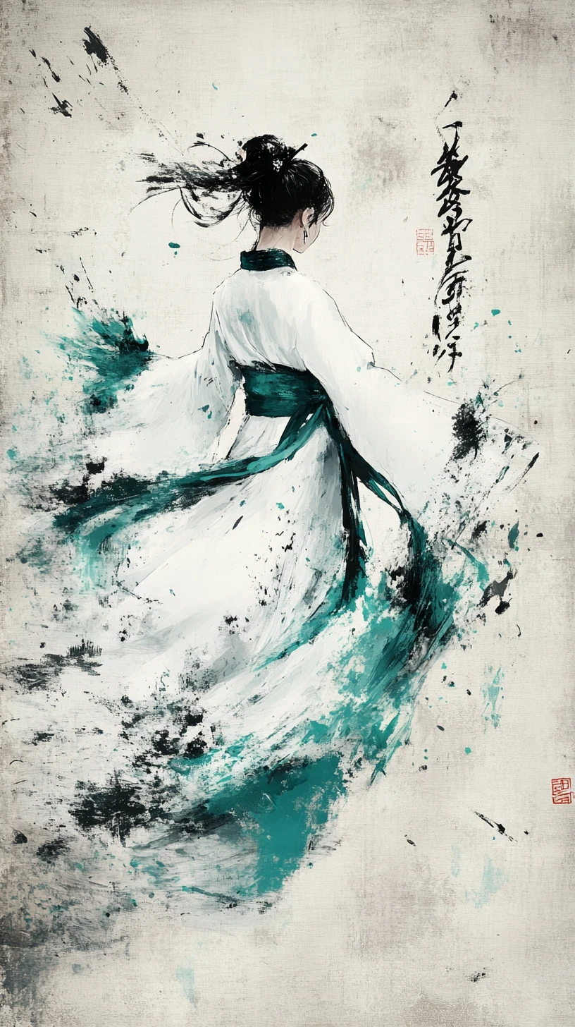 Elegante Frau im weißen Hanfu Aquarell-Tuschemalerei