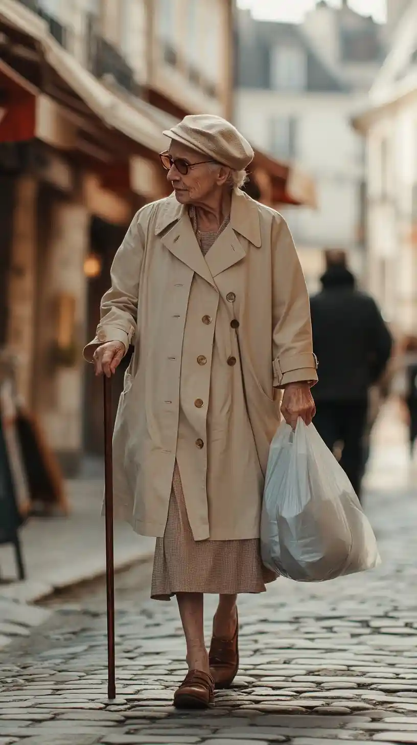 Elderly woman walking alone on a sunny cobblestone street