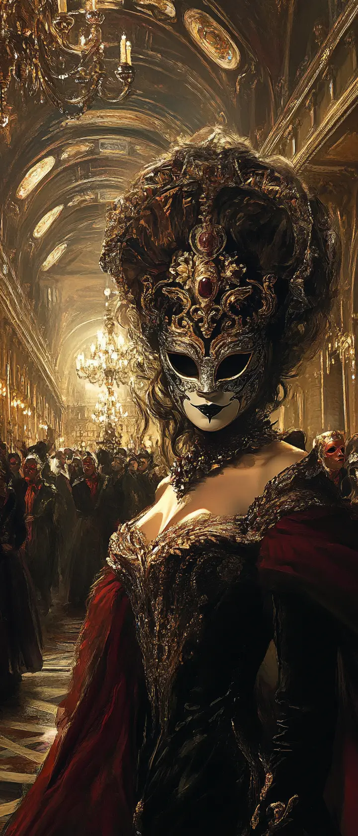 Bal masqué somptueux dans la grande salle de bal d’un palais