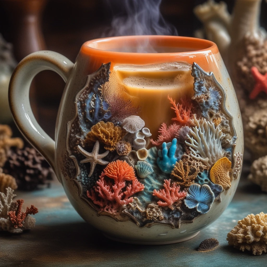 Café fumant dans une tasse en céramique ancienne aux motifs marins