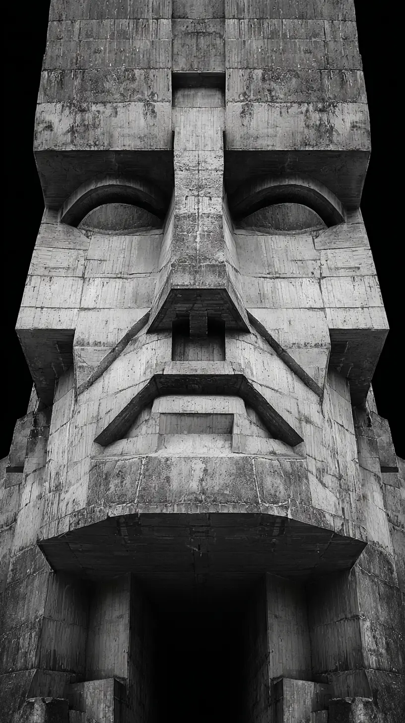 Monumentale brutalistische Betonfassade in Form eines menschlichen Gesichts
