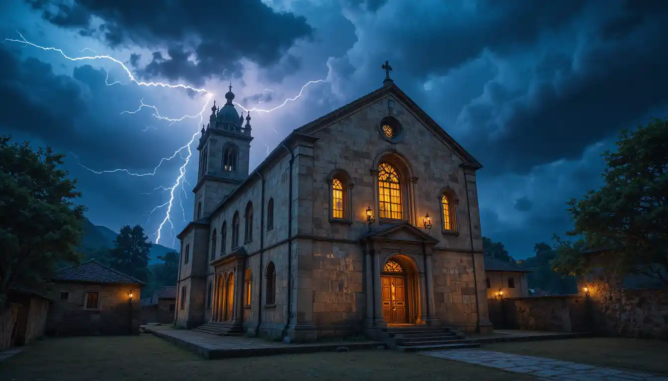 Ancienne église en pierre illuminée sous un ciel d’orage dramatique