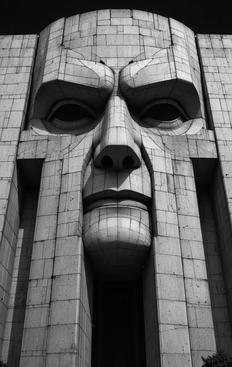 Monumentale brutalistische Betonfassade in Form eines menschlichen Gesichts