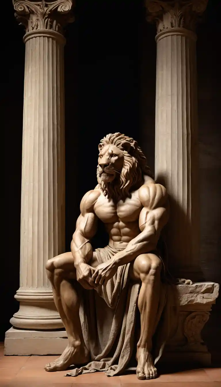 León antropomórfico con toga en interior clásico dramático