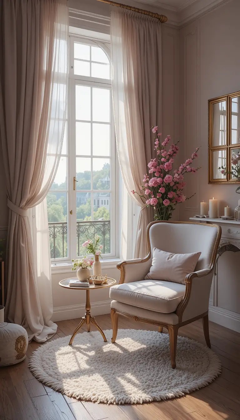 Cozy armchair corner with window light flowers and candle