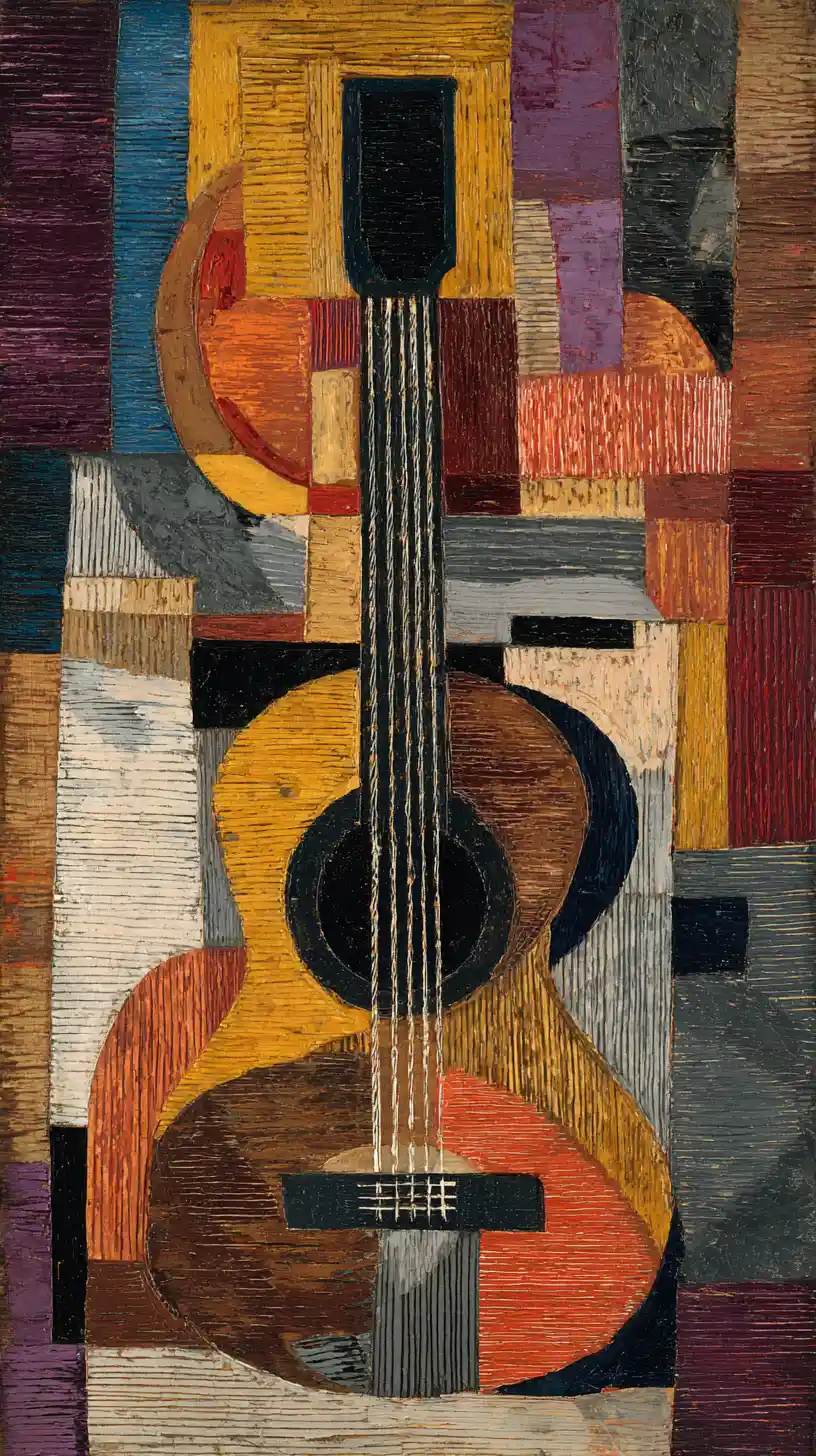 Dipinto astratto cubista di una chitarra acustica con faccette