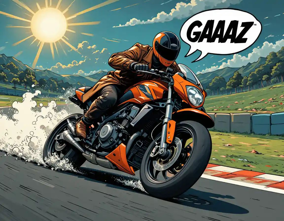 曲がりくねったコミック風サーキットを爆走する無謀なバイク乗り