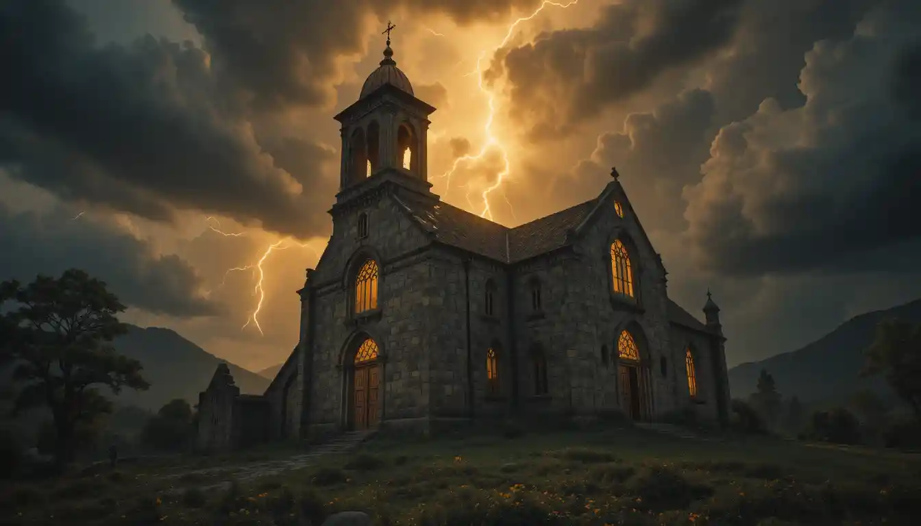 Antica Chiesa di Pietra sotto Fulmini e Cielo Tempestoso