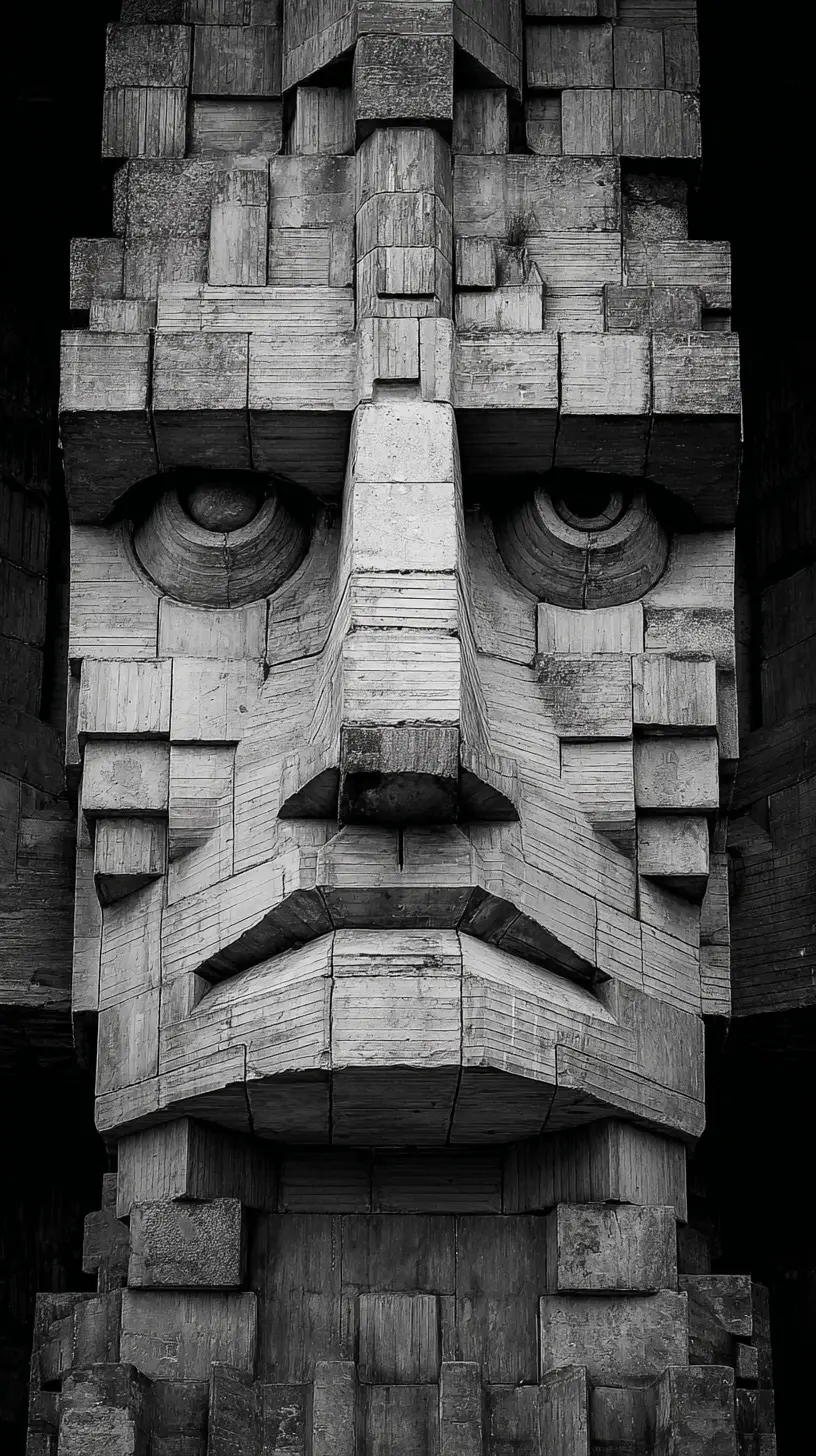 Monumentale brutalistische Betonfassade in Form eines menschlichen Gesichts
