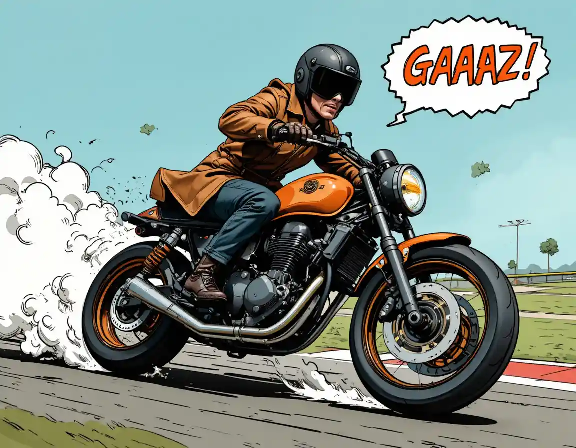 Cool motorcyclist popping a wheelie on fast racetrack
