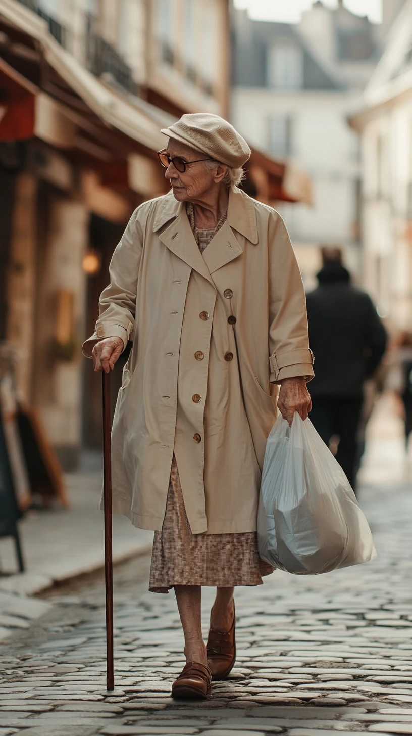 Elderly woman walking alone on a sunny cobblestone street