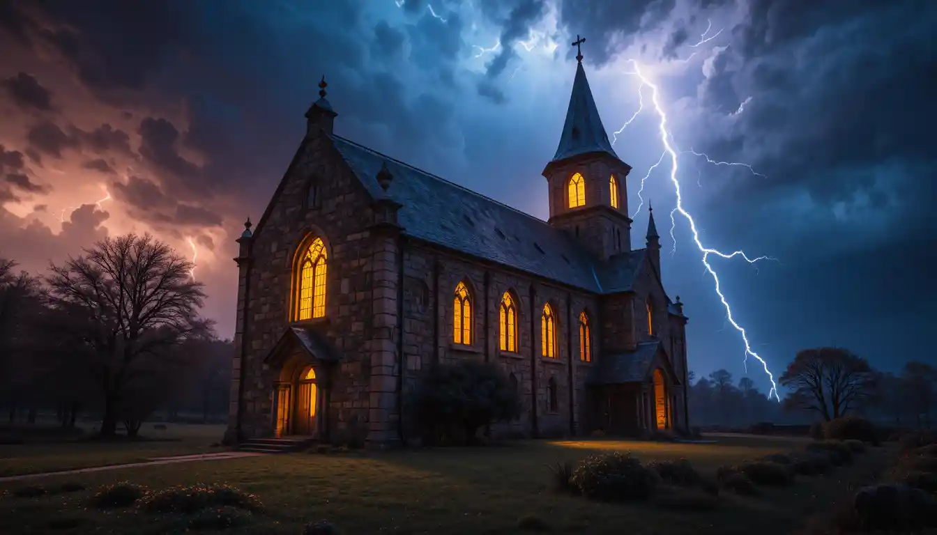 Antica chiesa di pietra che brilla sotto un cielo notturno tempestoso