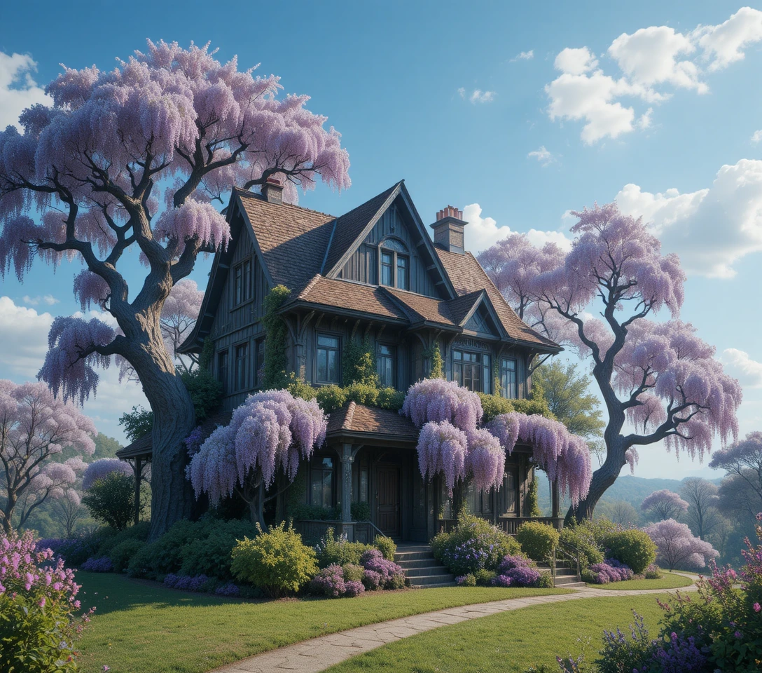 Maison Fantaisiste aux Glycines dans un Paysage de Campagne de Rêve