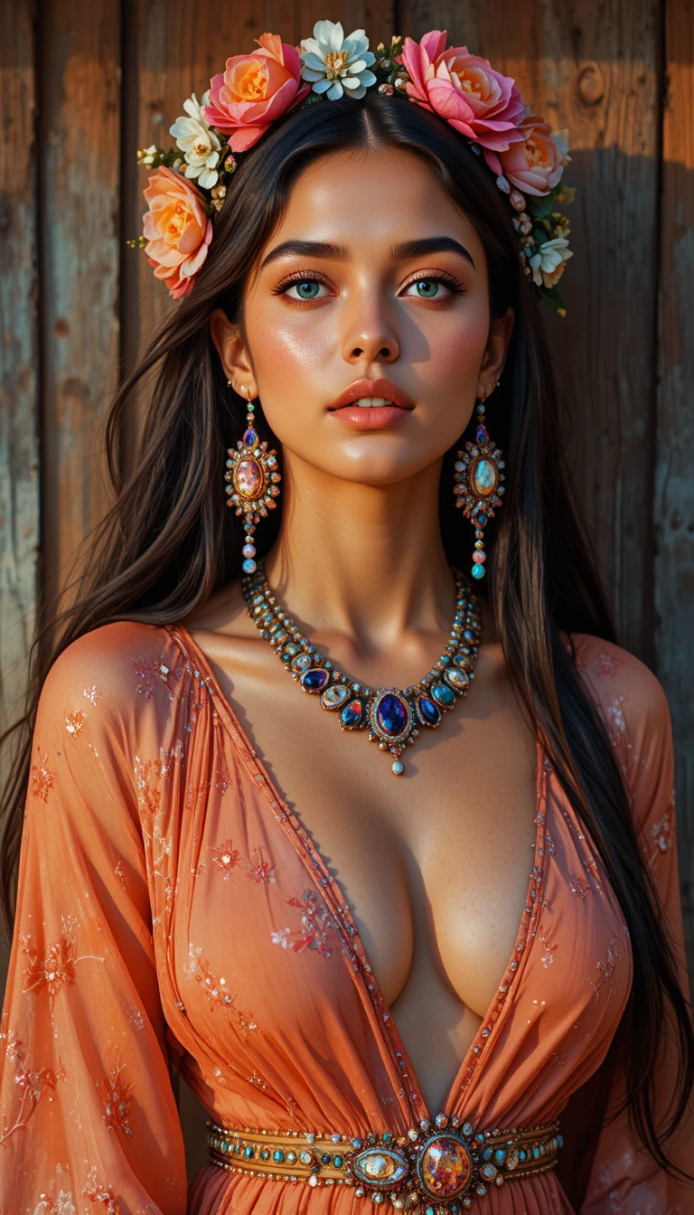 Boho girl with turquoise jewelry in golden evening sunlight