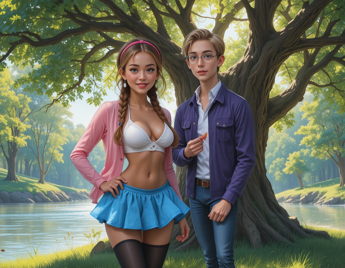 Young couple relaxing under a tree by a bright river