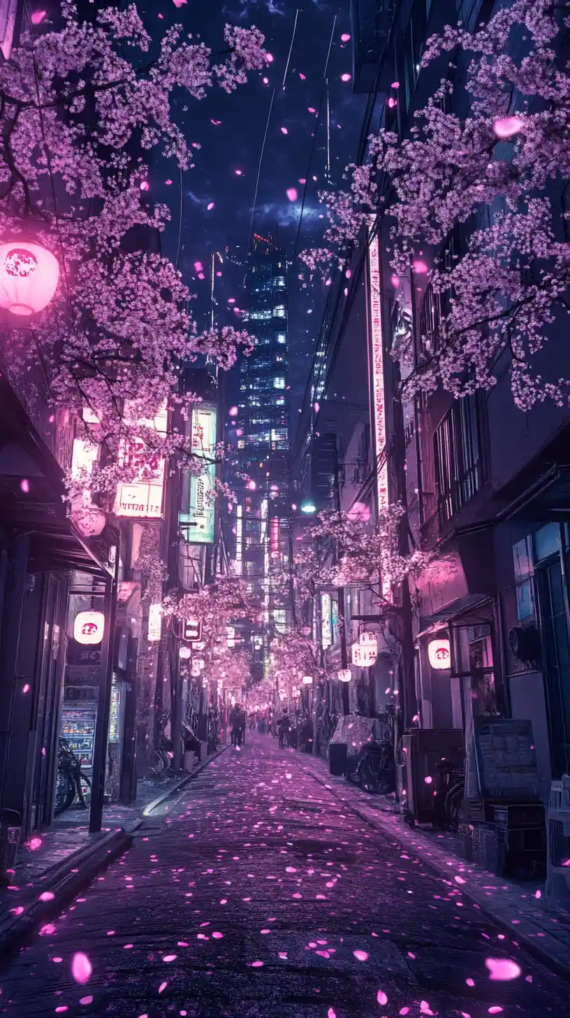 Tokyo night street with neon lights and cherry blossoms