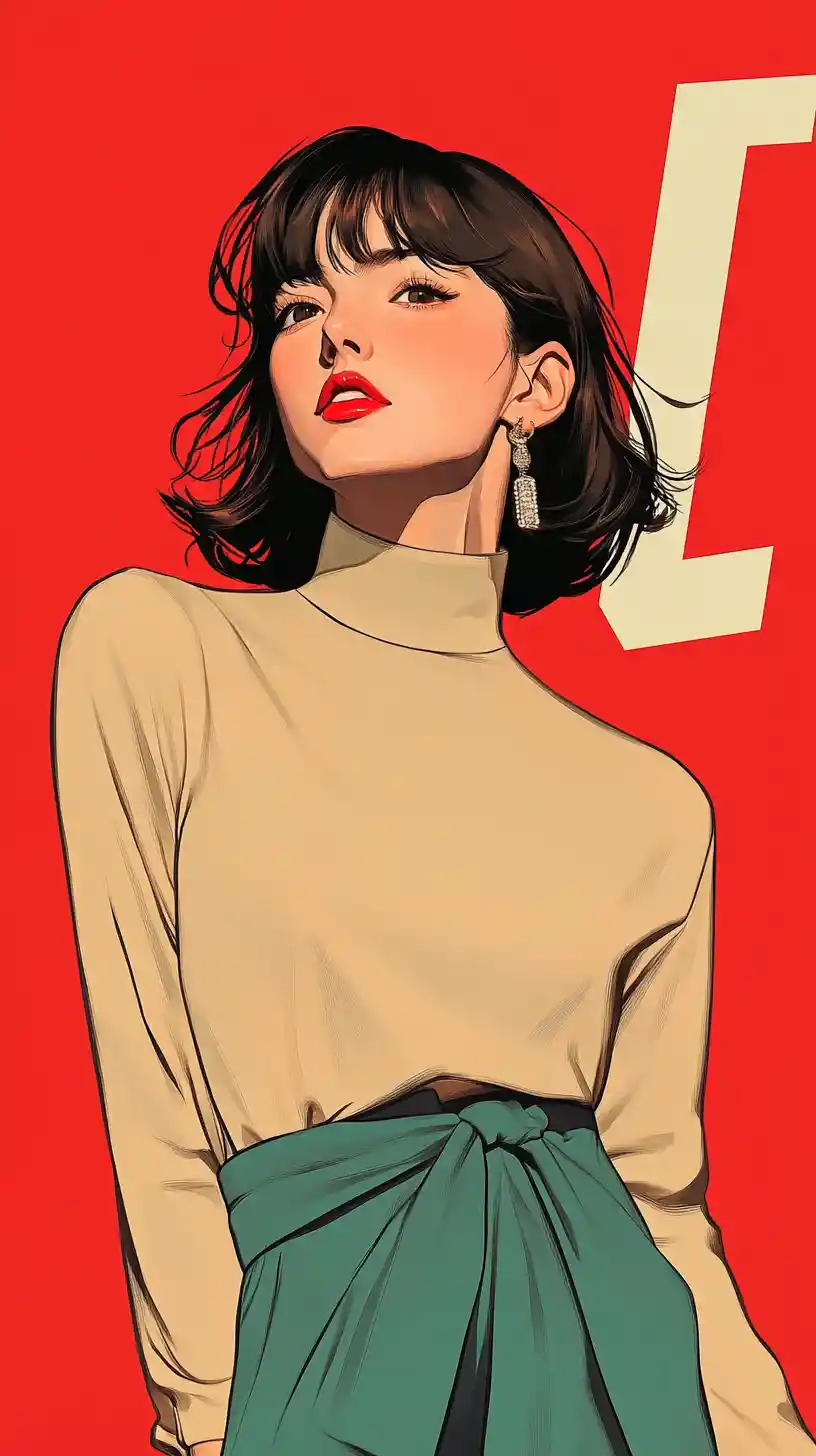 Mujer elegante con falda verde azulado frente a un audaz fondo gráfico rojo