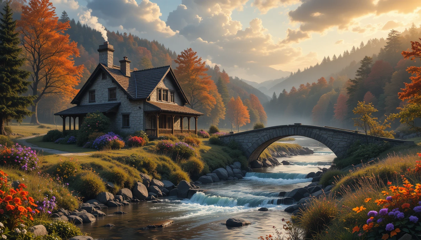 Cabane en pierre au bord d’une rivière forestière en automne à l’heure dorée