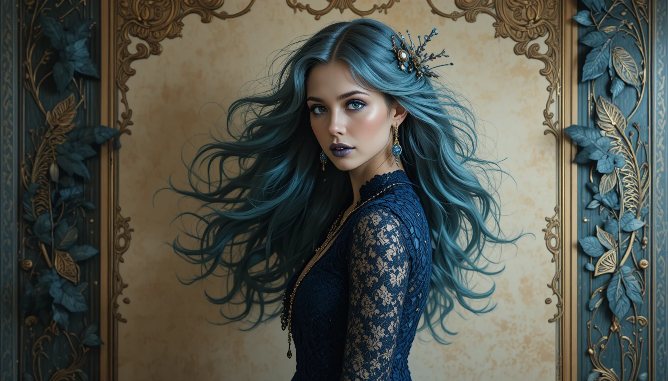 Femme éthérée aux cheveux bleus en dentelle ornée et or