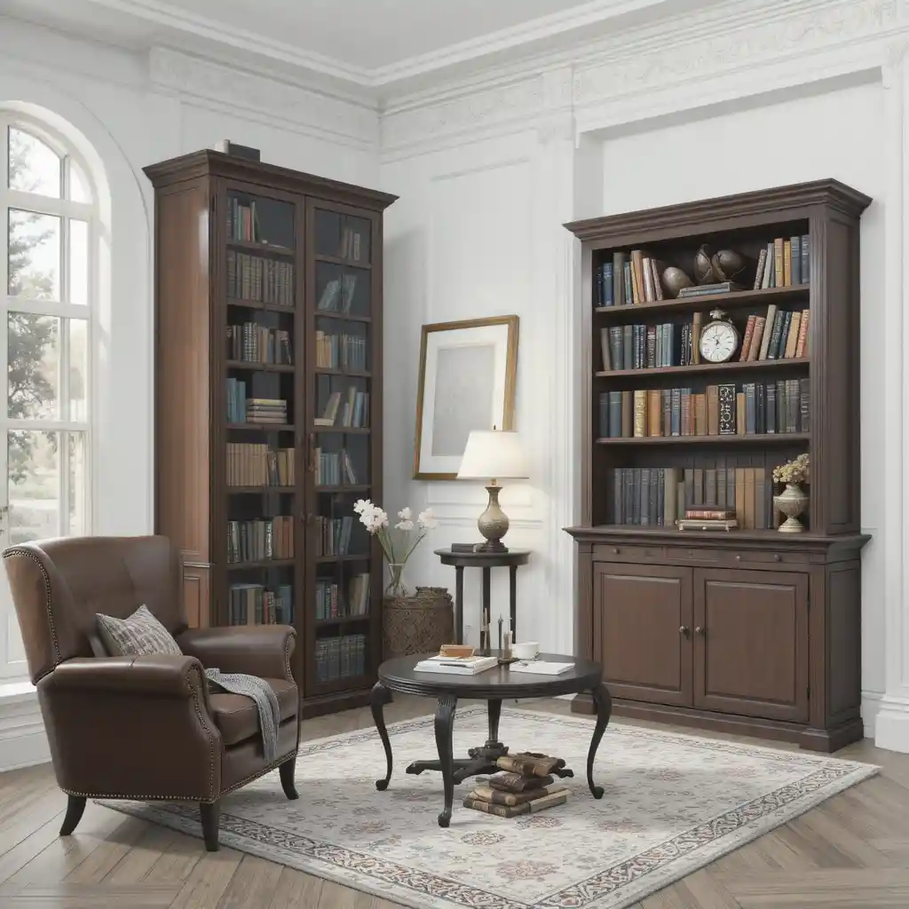 Canto de biblioteca aconchegante com poltrona de couro e luz morna de velas