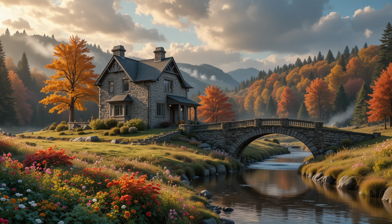 Steinhütte und Brücke an einem herbstlichen Waldbach