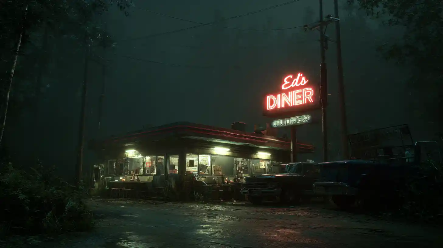 Insegna al neon di diner che illumina una buia strada di campagna