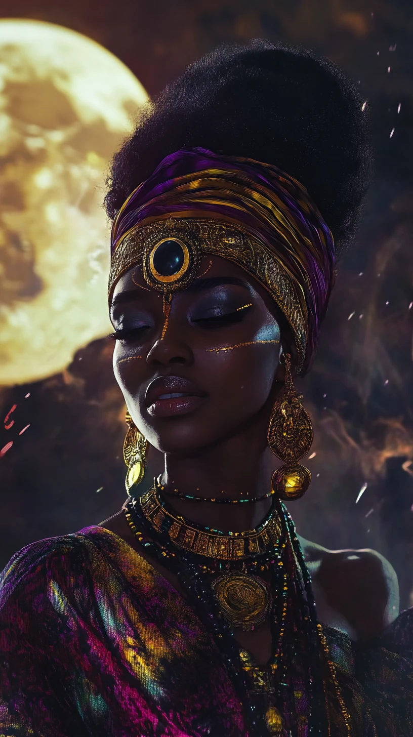 Afrofuturistic divine man laughing at broken love magic