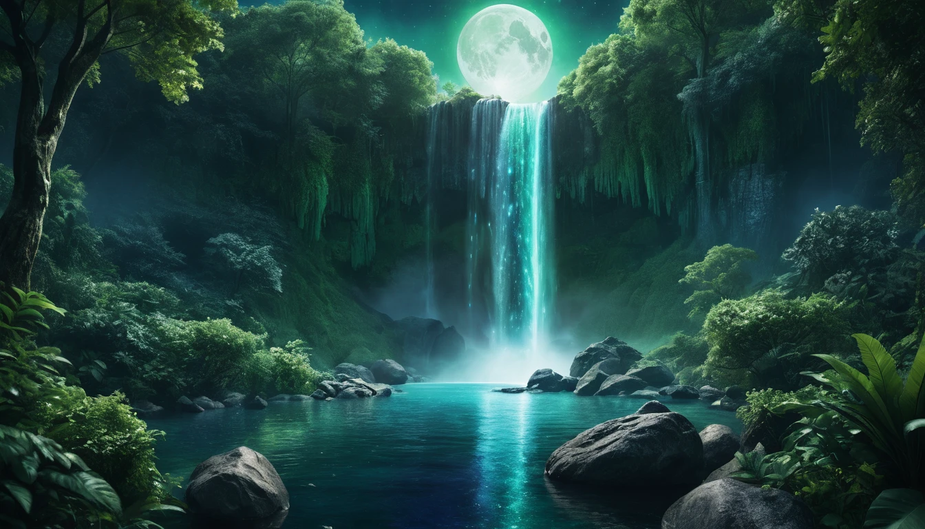 Ethereal Crystal Waterfall In A Lush Moonlit Forest