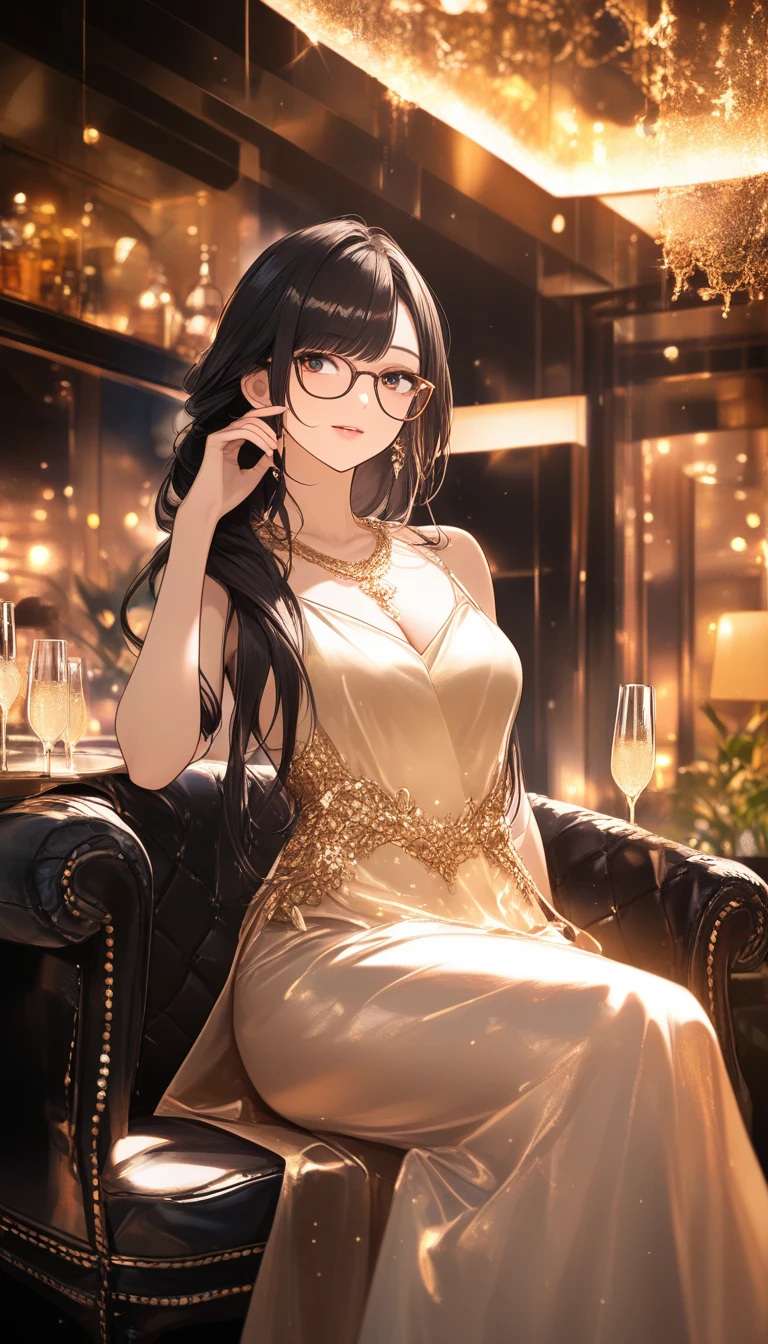 Asian girl in silk dress sitting in a cozy cafe