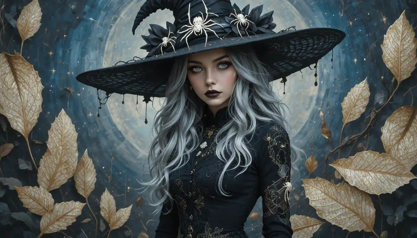 Gothic vampire woman with flowing grey hair in victorian dress
