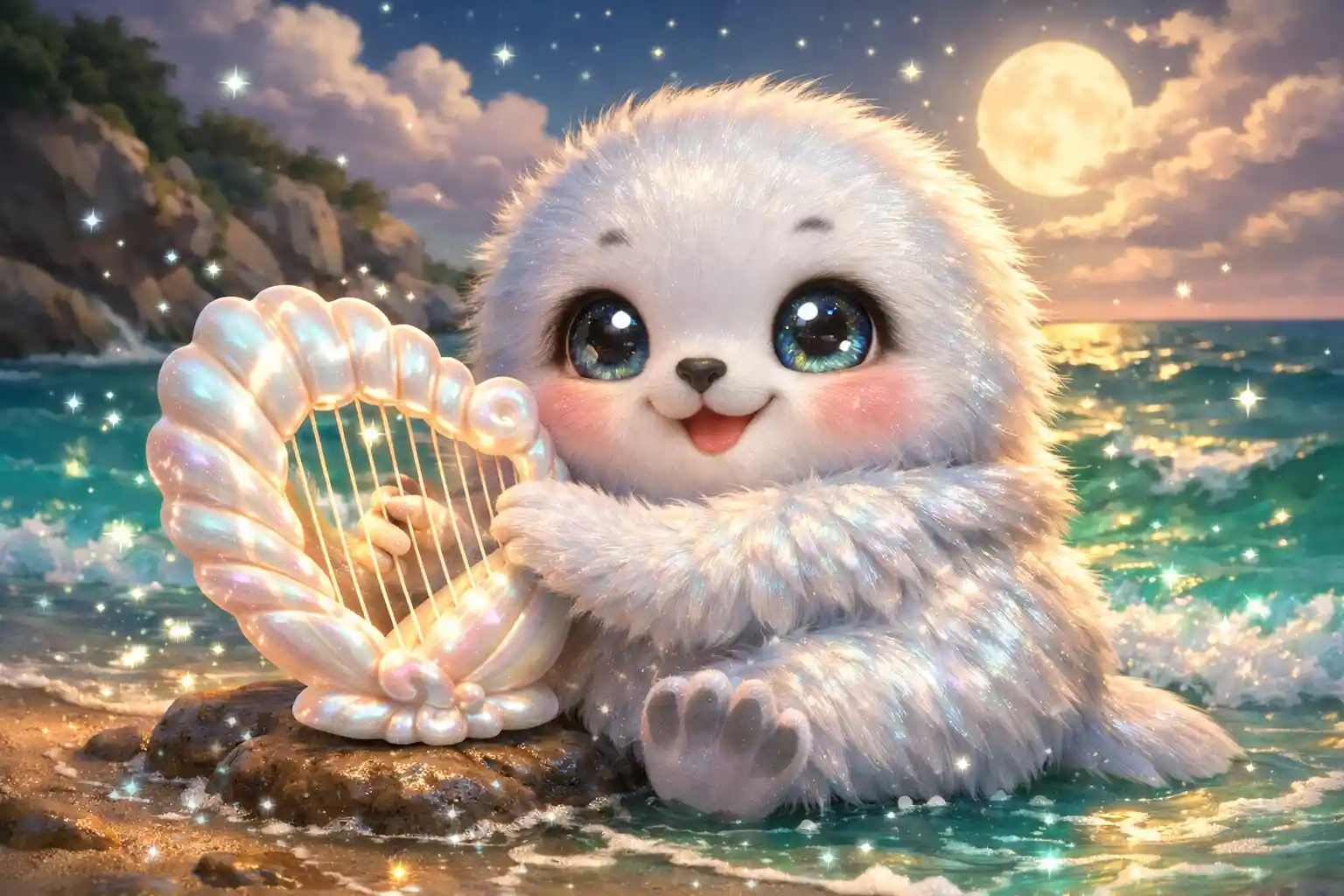 Foca bebê fofa tocando harpa em uma praia ao luar