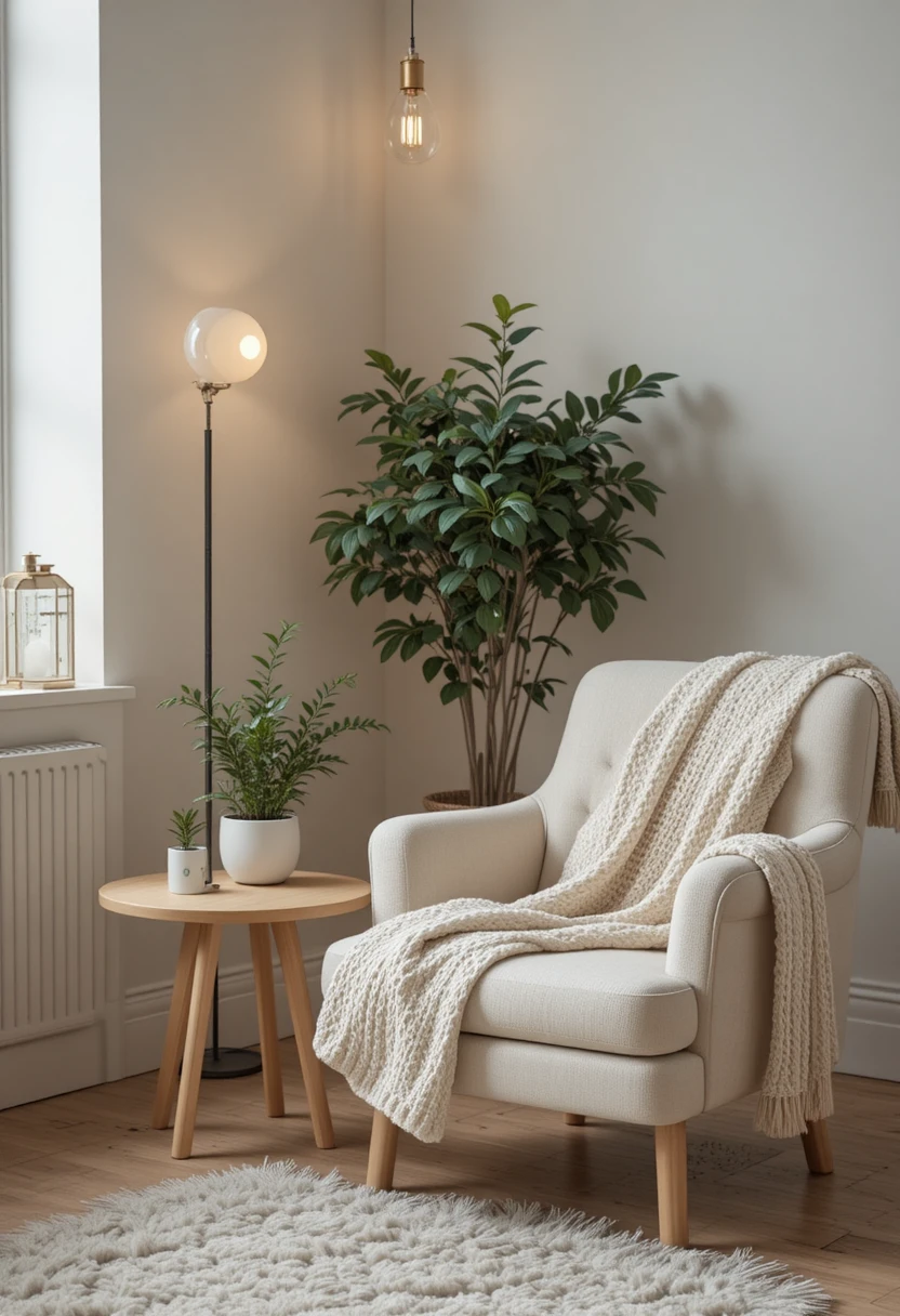 Scandinavian living room with cozy armchair and plants