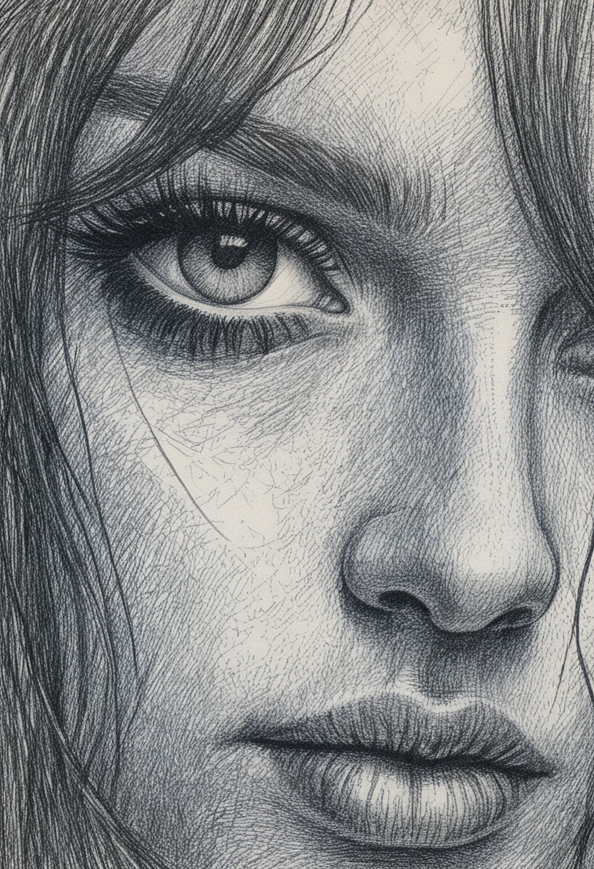 Close up sketch of a woman with blue eye and red lips