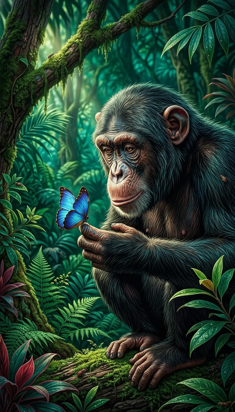 Cinematic close up digital illustration of a luminous ape