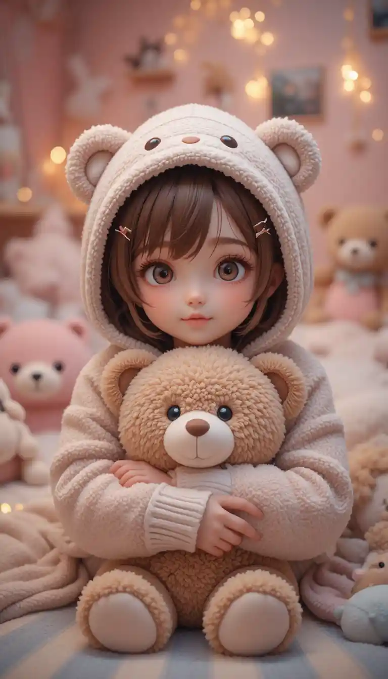Ragazza carina con felpa da orsetto che abbraccia un peluche