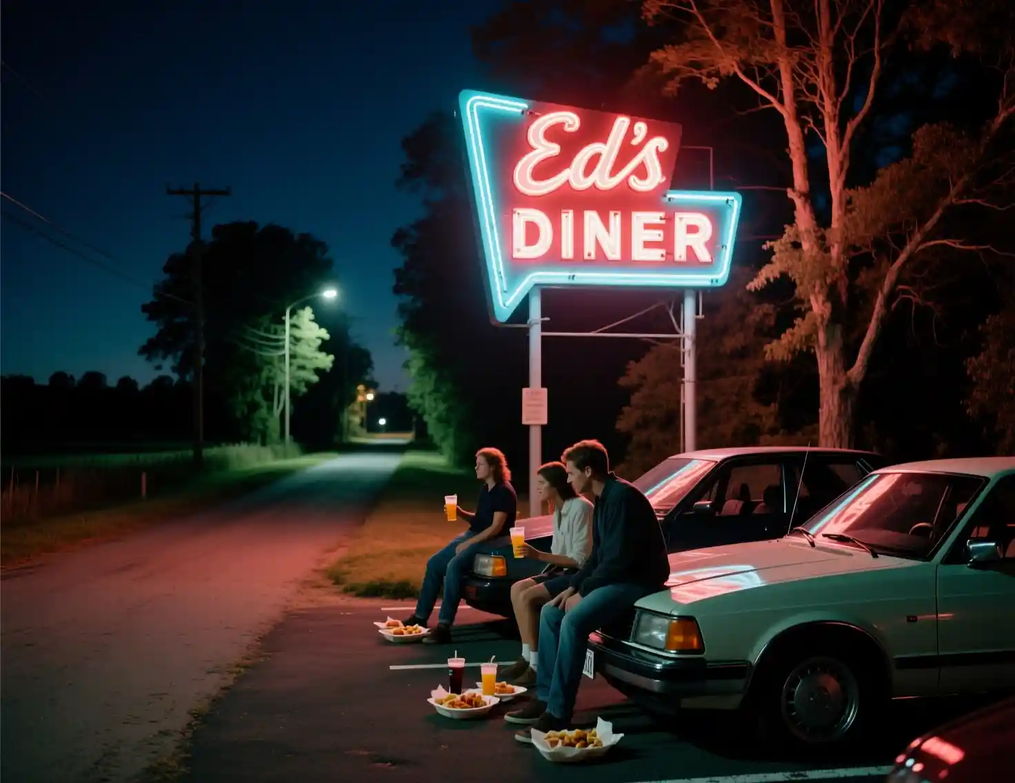 Placa de diner em néon brilhando sobre carros em uma estrada escura