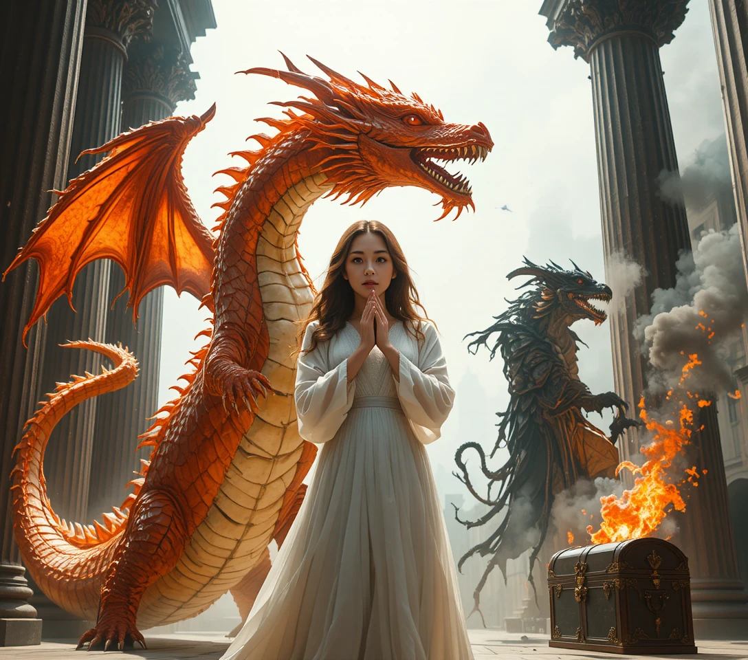 Majestischer orangefarbener Drache mit Krone am klaren Himmel