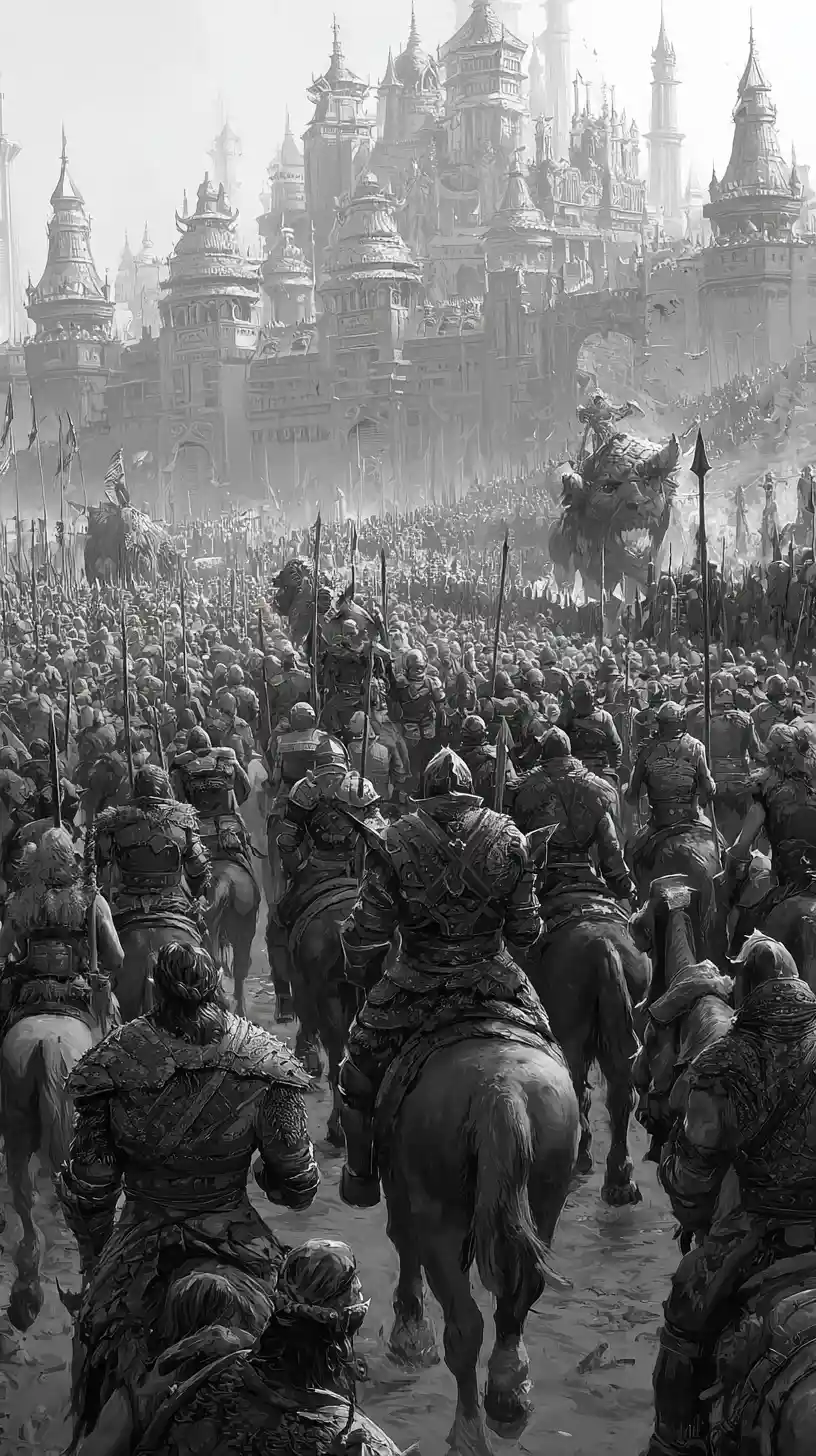 Horda de orcs marchando contra uma fortaleza medieval