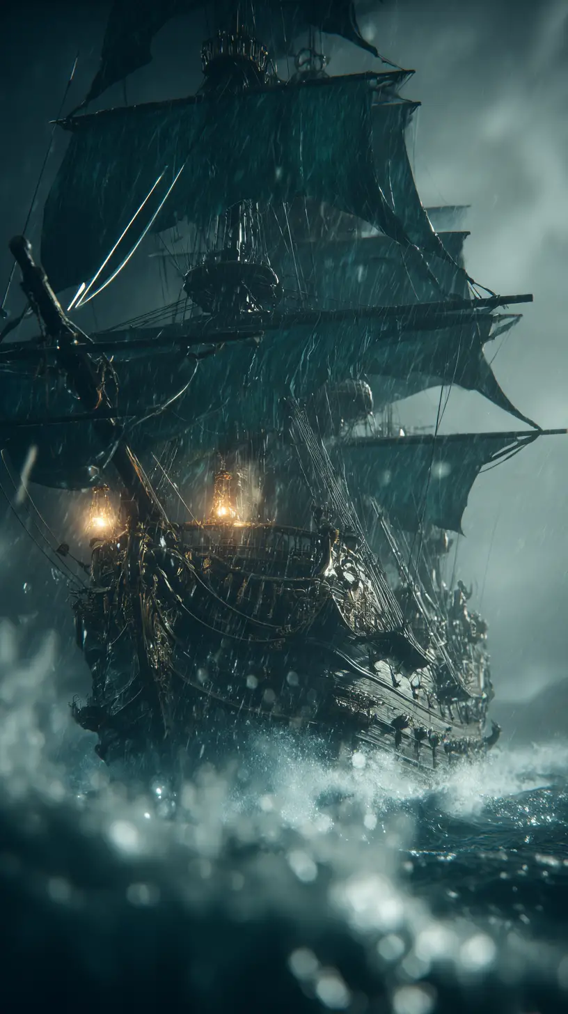 Nave pirata fantasma in battaglia tra tempesta e onde luminose